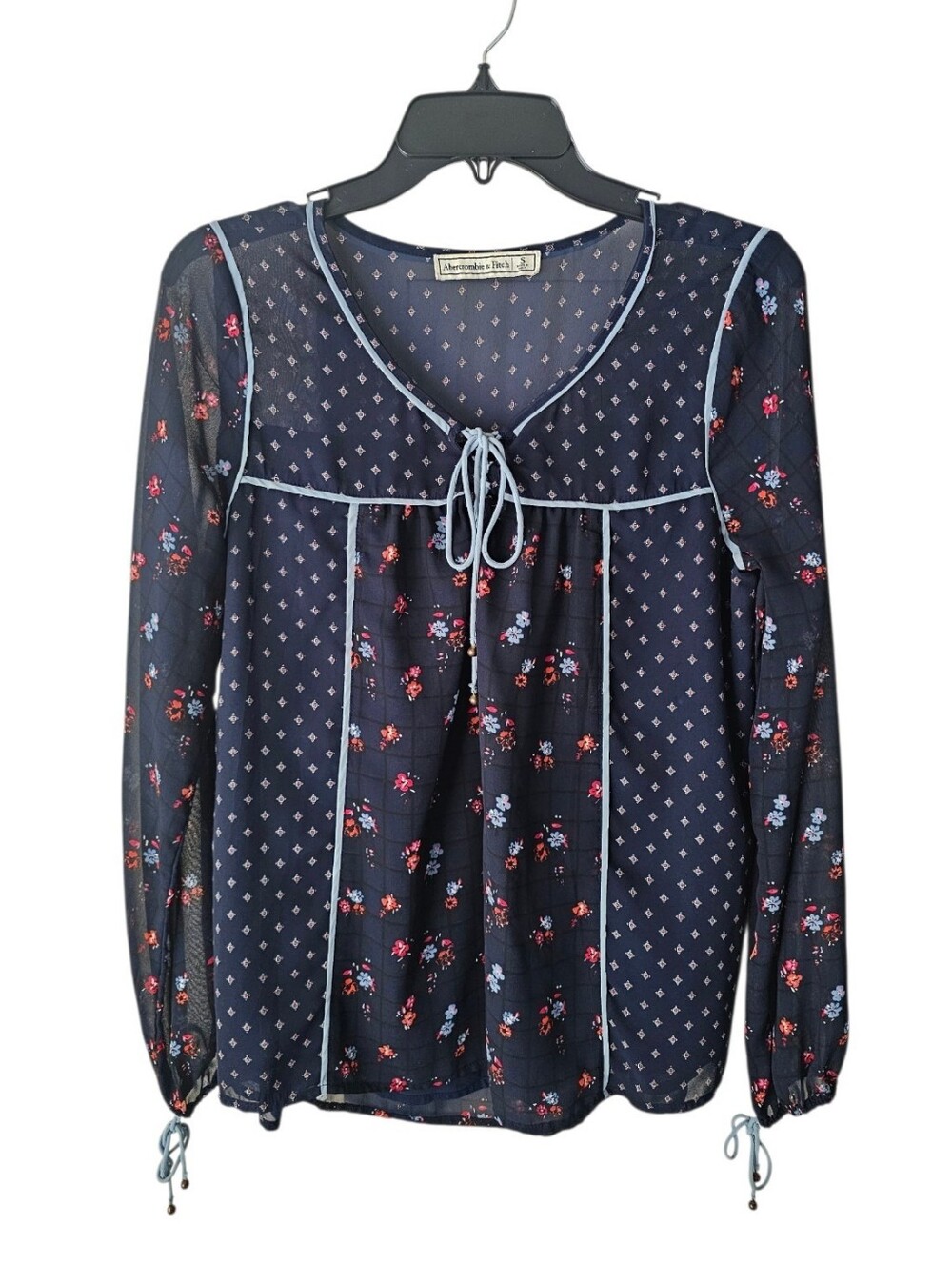 Abercrombie & Fitch Navy Floral Sheer Long-Sleeve Blouse